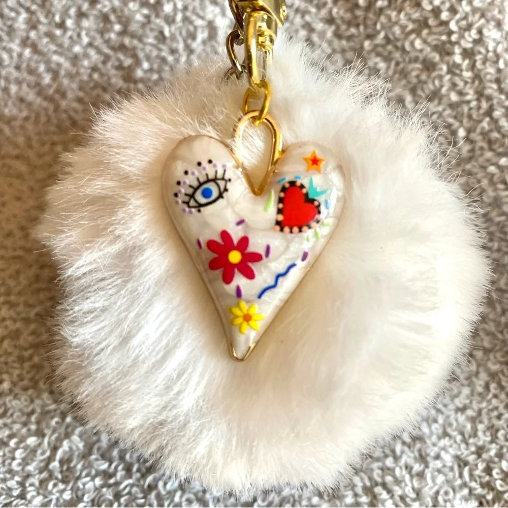 🎅🏻 SALE! White Fuzzy ball with heart charm bag charm Or key chain brand new